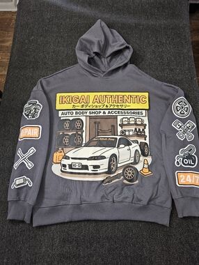 Ikigai Authentic Tokyo,Japan Auto Body Shop Graphic Gray Hoodie Men's Size Small